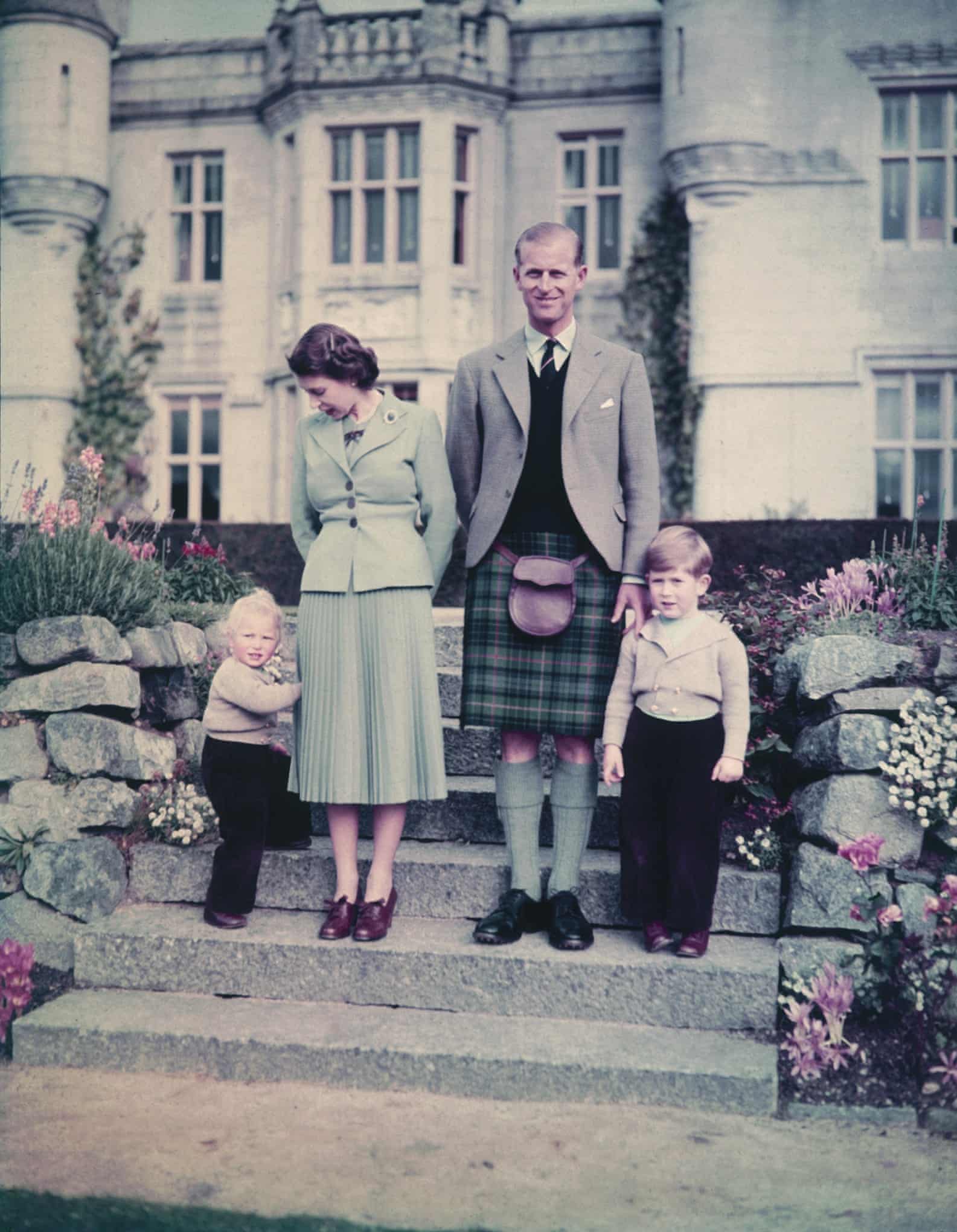 Philip and Elizabeth stand with Princess Anne and Prince Charles outside Balmoral Castle, September 1952. Photograph: Lisa Sheridan/Getty Images