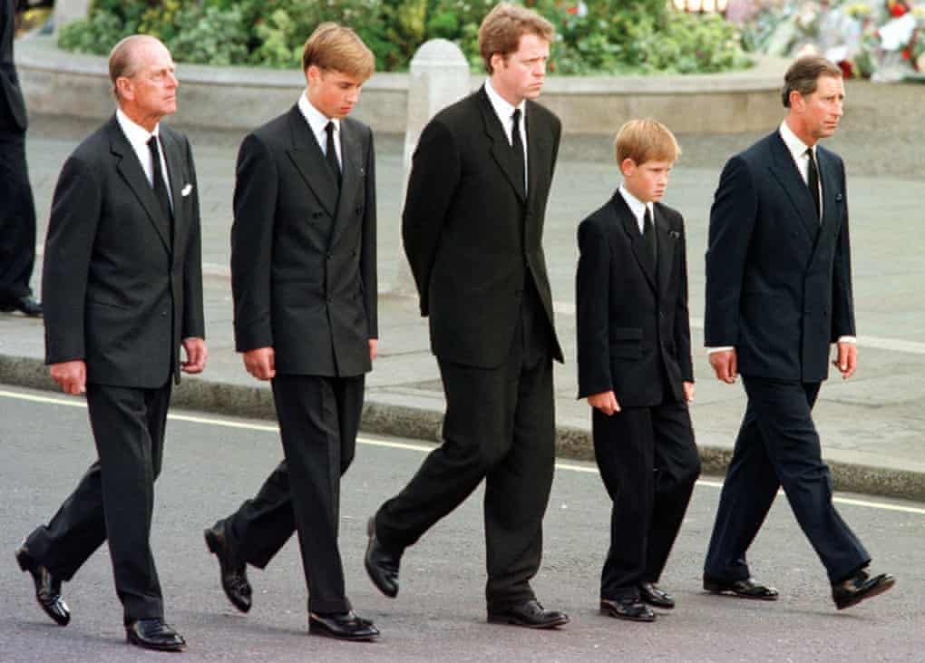 The Duke of Edinburgh, Prince William, Earl Spencer, Prince Harry and Prince Charles, outside Westminster Abbey during the funeral service for Diana, Princess of Wales, in September 1997. Photograph: Jeff J Mitchell/Getty Images