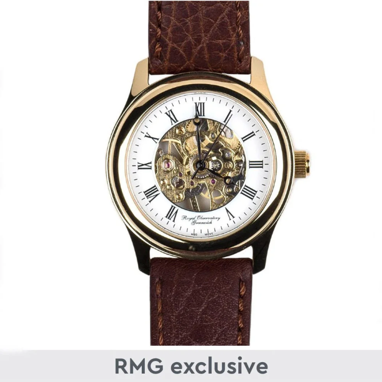 Royal Observatory Greenwich Skeleton Gold-Plate Watch with Brown Strap