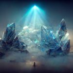 AI | Crystal emerging from bluish fog watercolors and silver
