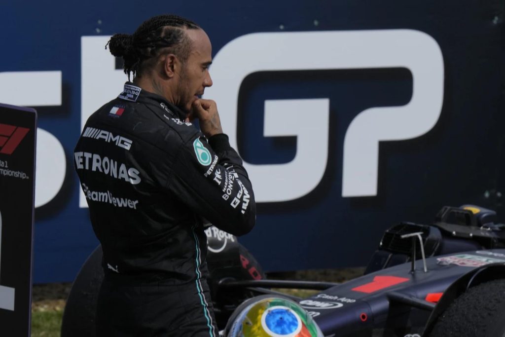 Mercedes driver Lewis Hamilton of Britain reacts after the British Formula One Grand Prix race