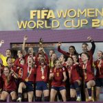 Team Spain celebrates after winning the Women’s World Cup soccer final against England at Stadium Australia in Sydney, Australia, Sunday, Aug. 20, 2023. (AP Photo/Alessandra Tarantino)