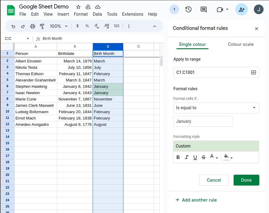 Conditional formatting example